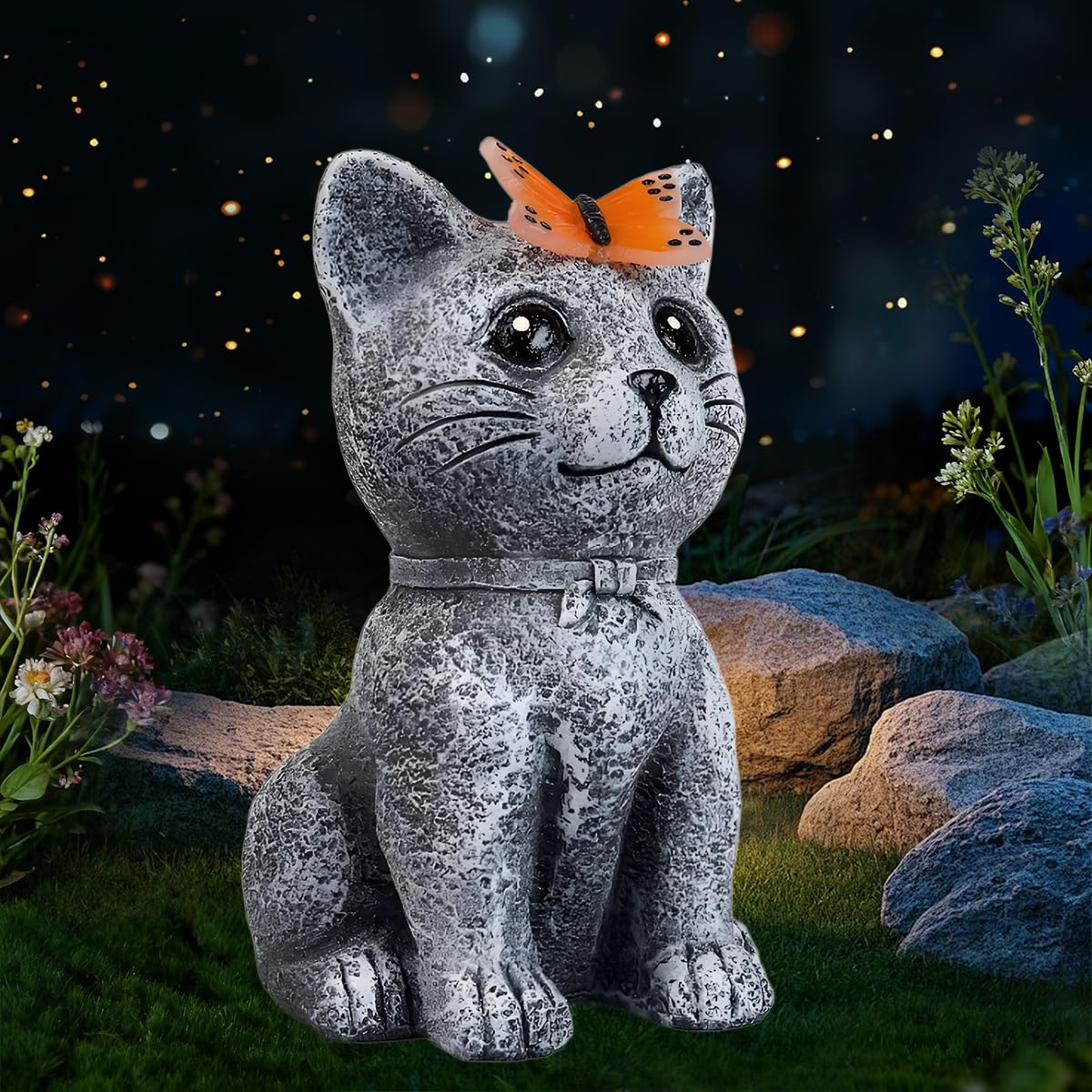 gardery Solar Cat Garden Statues Outdoor Decor with Butterfly for Waterproof Yard Lawn Patio Balcony Porch Home Decor, for Mom Grandma Women Housewarming