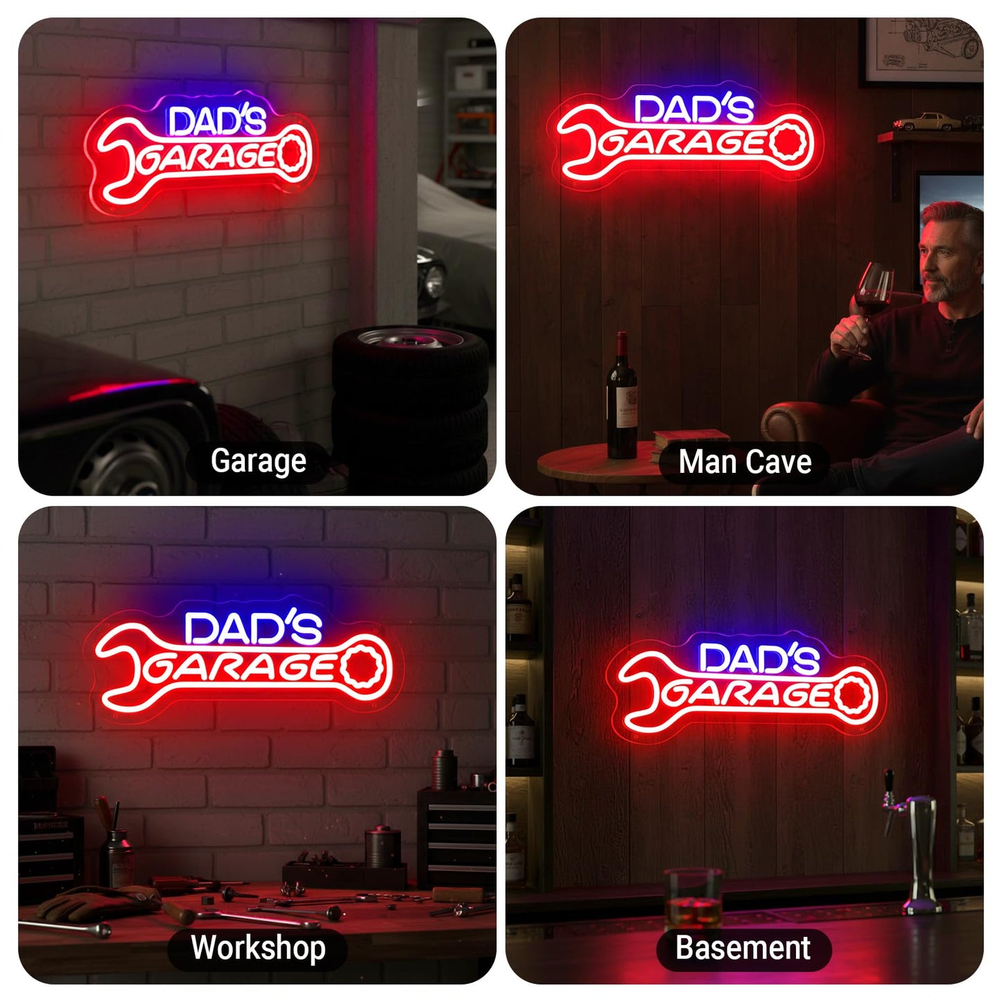 Dad’s Garage Neon Sign, LED Garages Wall Decor for Man Cave Workshop, Gifts for Husband Dad Father Men, Red Blue
