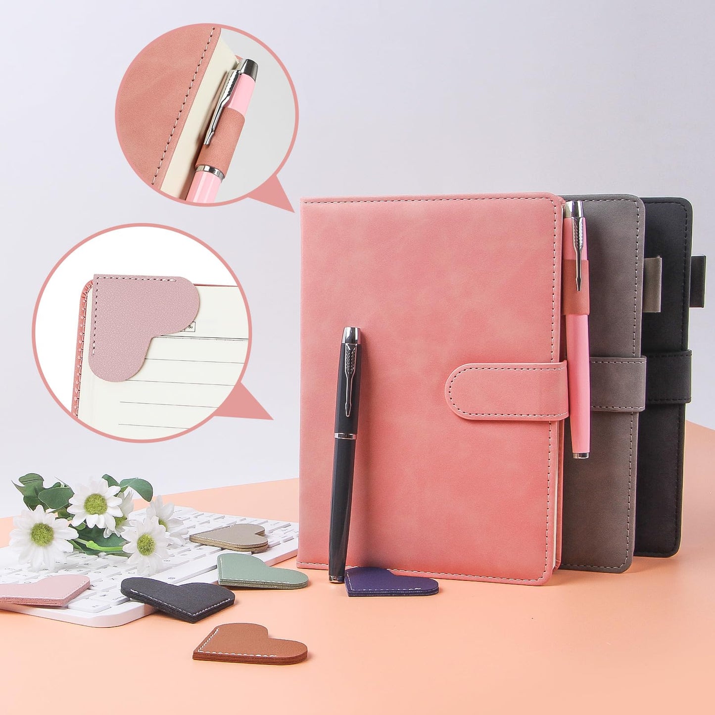 Ciyanwcx Leather Notebook Gift Set - A5 Hardcover Journal with Pen & 6 Heart Bookmarks, Gift Box + Bag (Pink)