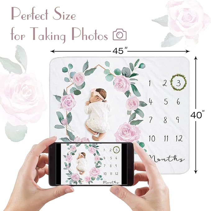 Baby Monthly Milestone Blanket for Baby Girl, Newborn Age Months Blanket Photo Prop with Growth Chart, Floral Wreath & Headband