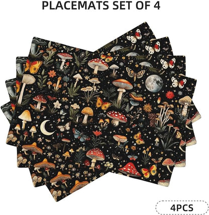 Black Mushroom and Butterfly Linen Placemats Set of 4, Heat Resistant Washable Table Mats for Kitchen Dining Table Party Holiday Outdoor Farmhous, Home Witchy Kitchen Decor, 12" x 18" Place Mats Black