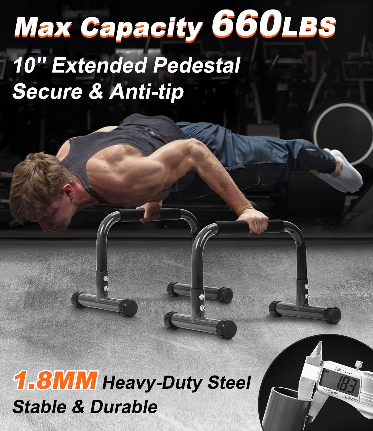 TABEKE Push Up Bar, 12" High Parallettes Bars & Dip Bar With Full-Cover Foam Handles, No Wobbling Calisthenics Equipment For Handstand, L-Sit, Gymnastics, Strength Training Home Gym