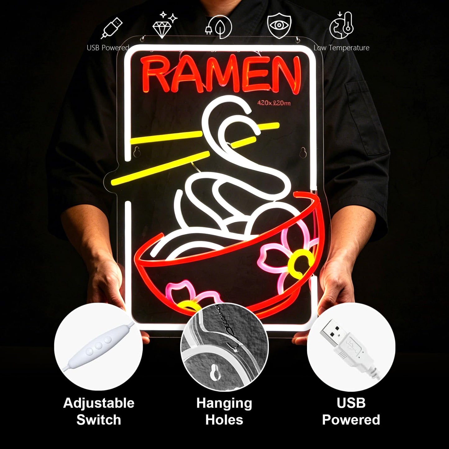 Ramen Neon Sign Sakura Ramen Neon Sign for Wall Decor Japanese Noodle USB Dimmable Neon Light Sign for Kitchen Restaurant Home Pub Party Man Cave Club Shops Hotel Store Business Gift