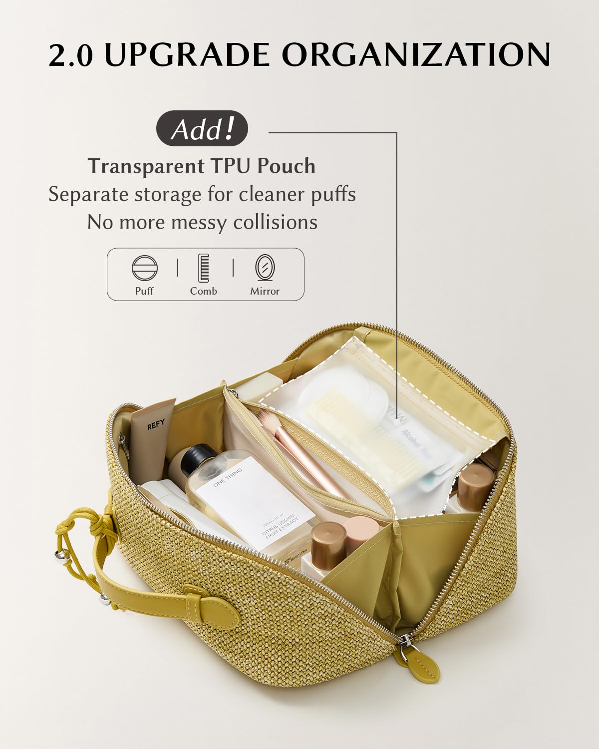 EACHY Makeup Bag, Woven Travel Toiletry Bag, Portable 180° Wide-Open Flat Cosmetic Bags for Women, Large Capacity Makeup Pouch with Divider and Handle