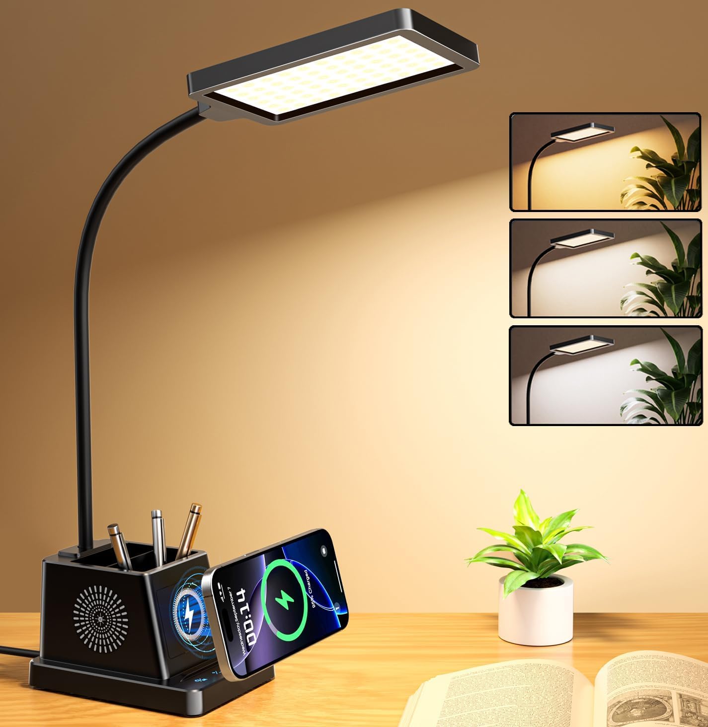 cozoo LED Desk Lamp for Home Office, 15W Bright Desk Light with Wireless Charger Pen Holder, Gooseneck Small Table Lamp for Bedroom, Study, Reading, Work, Task, Craft, College Dorm Room Accessories