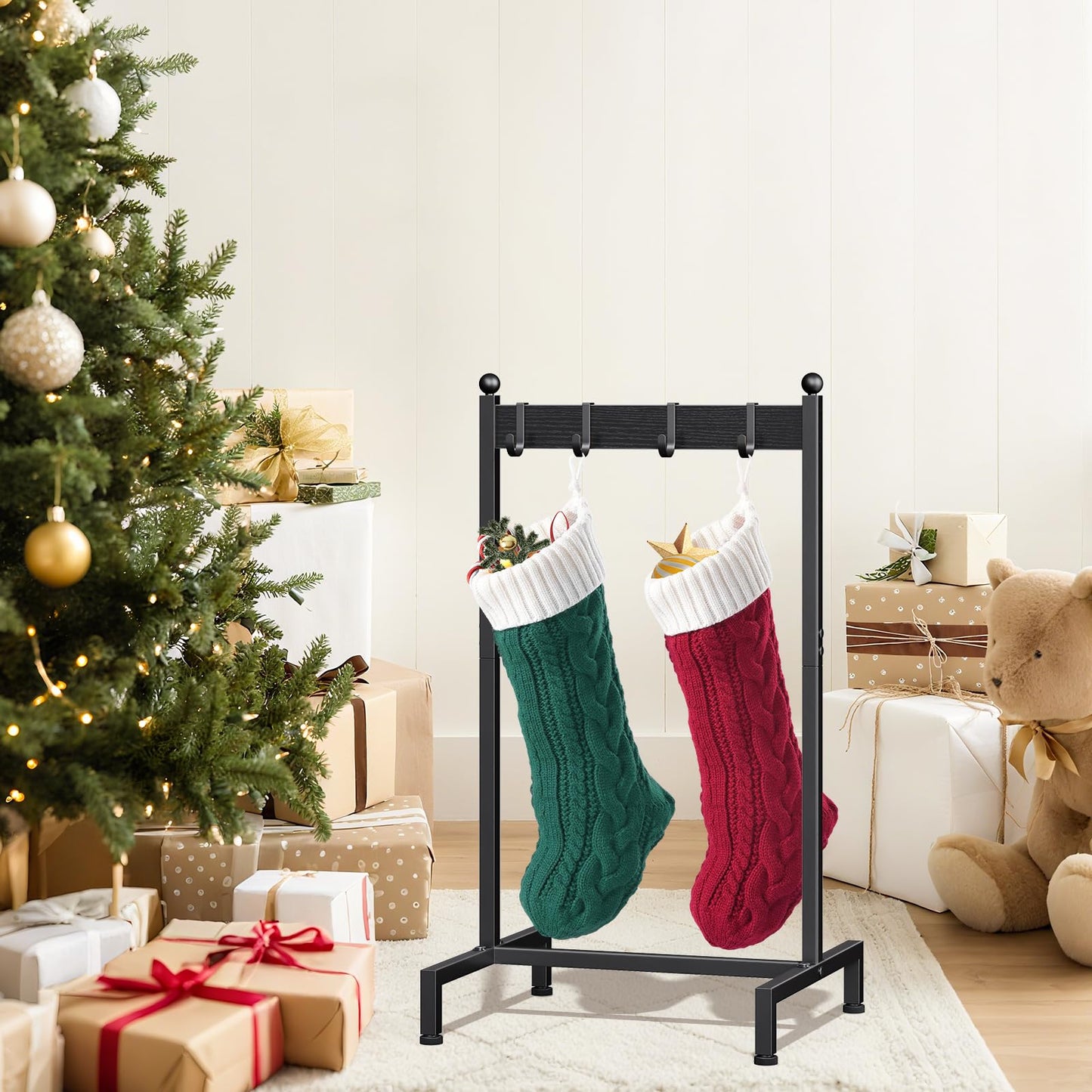ELYKEN Christmas Stocking Holder Stand for Floor, Free Standing Stocking Rack with 4 Removable Hooks, Wood Stocking Hanger Stand, Heavy Duty Xmas Stocking Stand with Adjustable Feet, Black