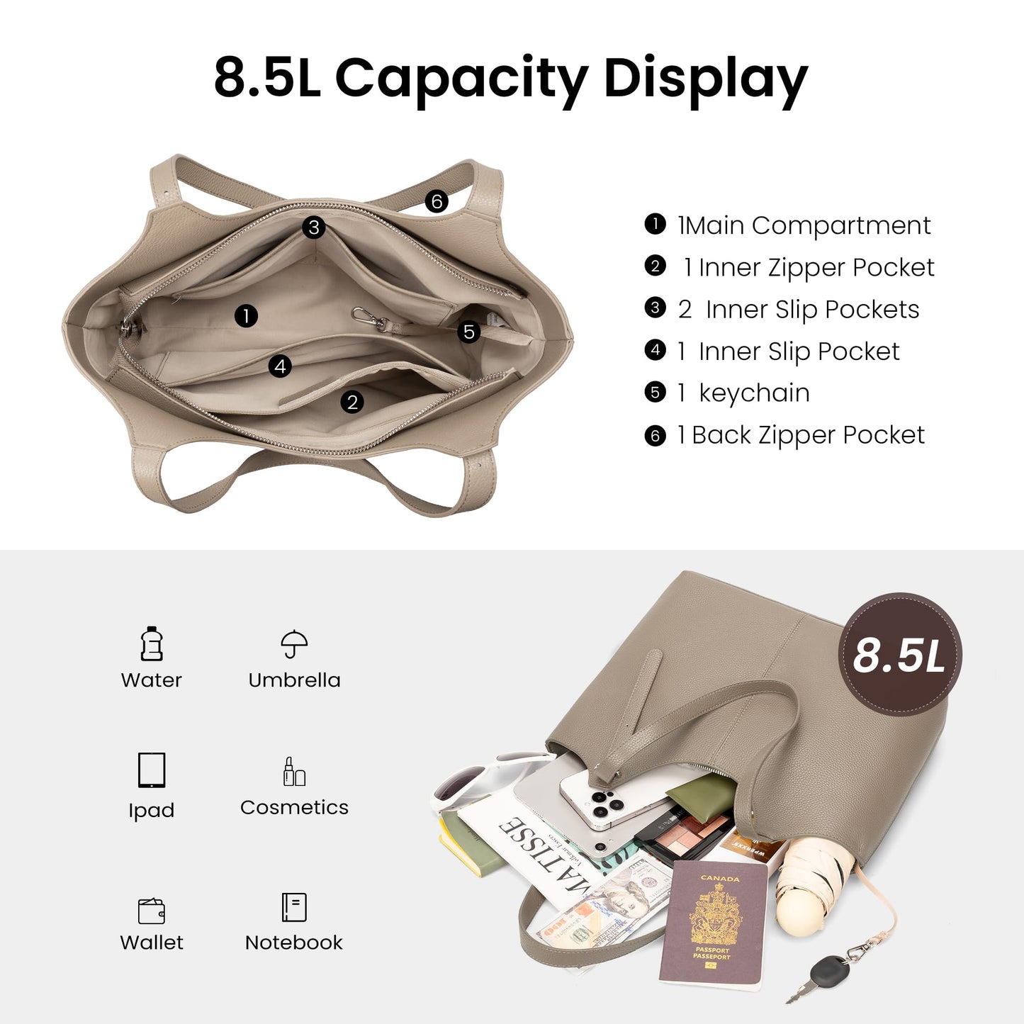 befen Genuine Leather Tote Bags for Women Work, Real Brown Leather Shoulder Handbags Zippered Satchel Purses with Adjustable Strap for Casual Shopping Travel Taupe