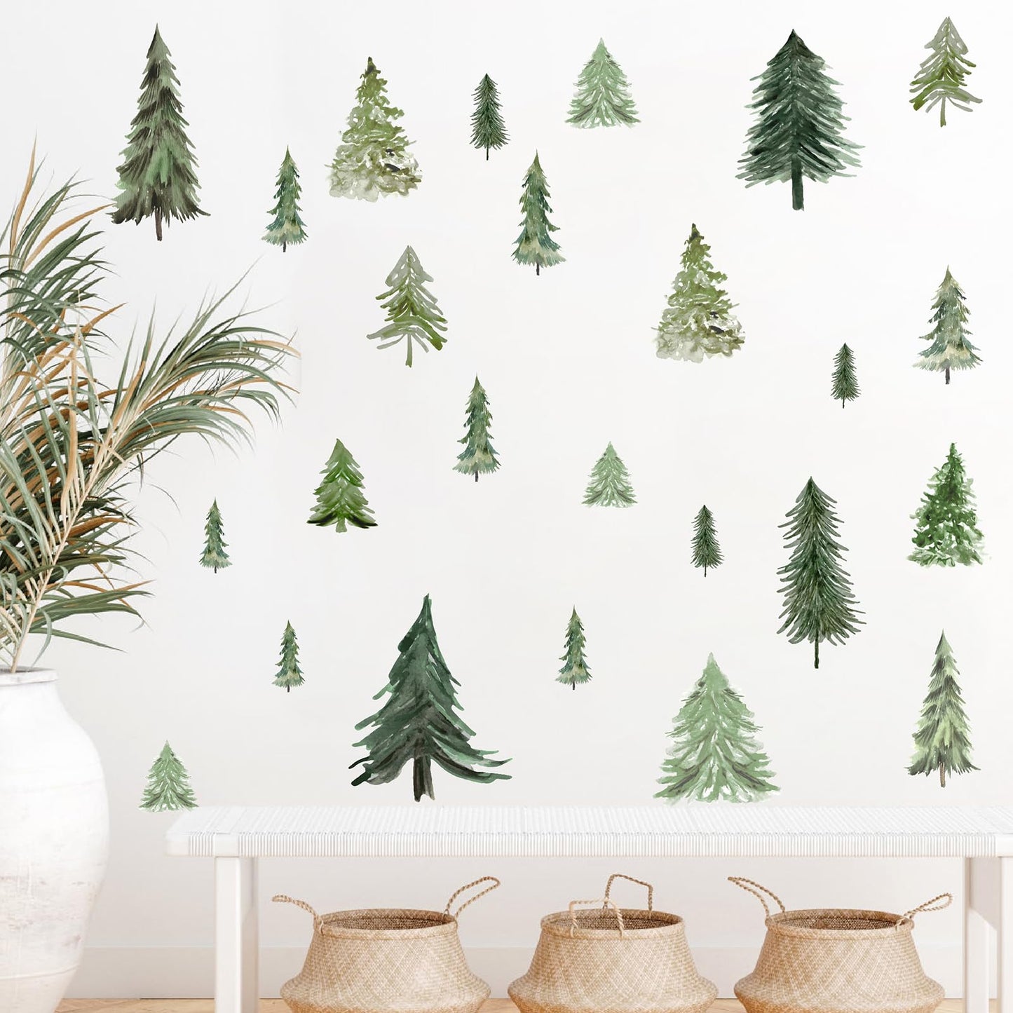 Watercolor Tree Wall Stickers Small Pine Tree Wall Decal Green Trees Wall Window Stickers Removable Forest Trees Decals Peel and Stick Small Tree Wall Decals for Bedroom Living Room Nursery
