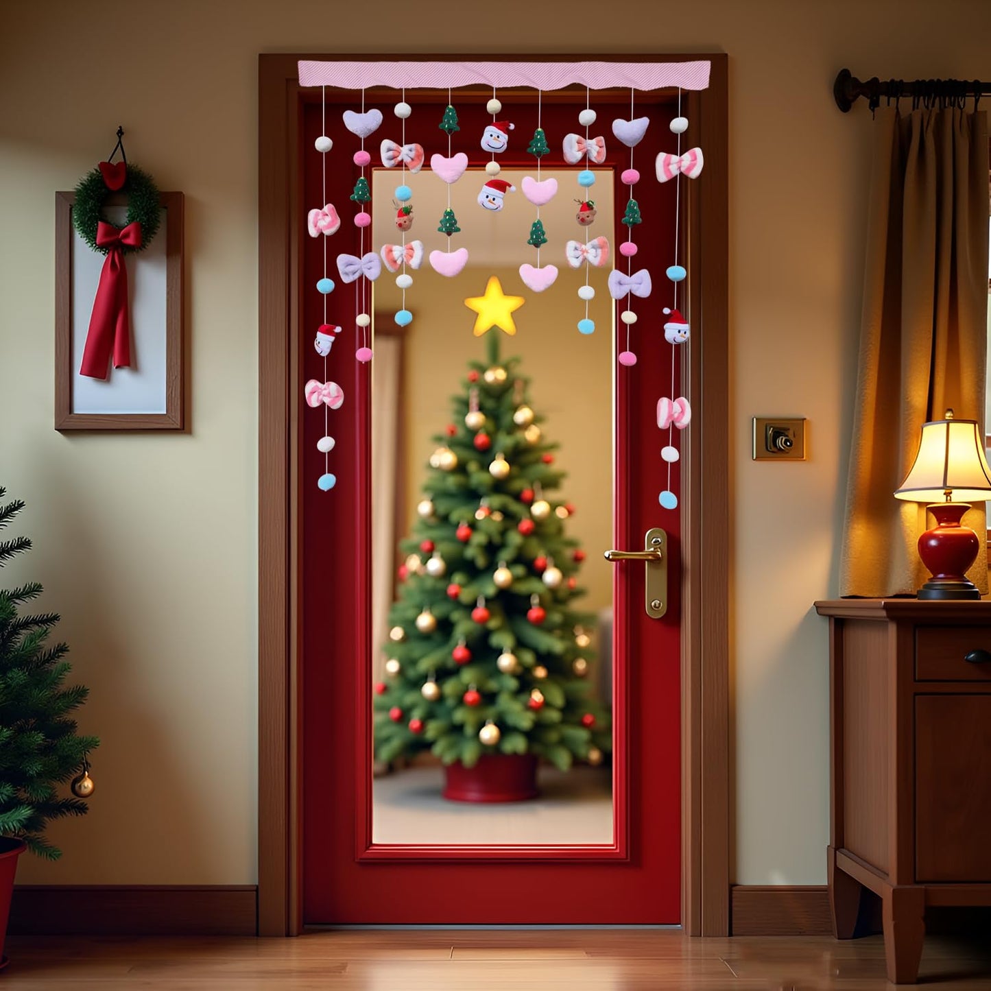 Kynthyre Cute Plush Christmas Curtain for Door Window Wall 34" W x 35.5" L Self-Adhesive Curtain for Living Room and Bedroom Decor