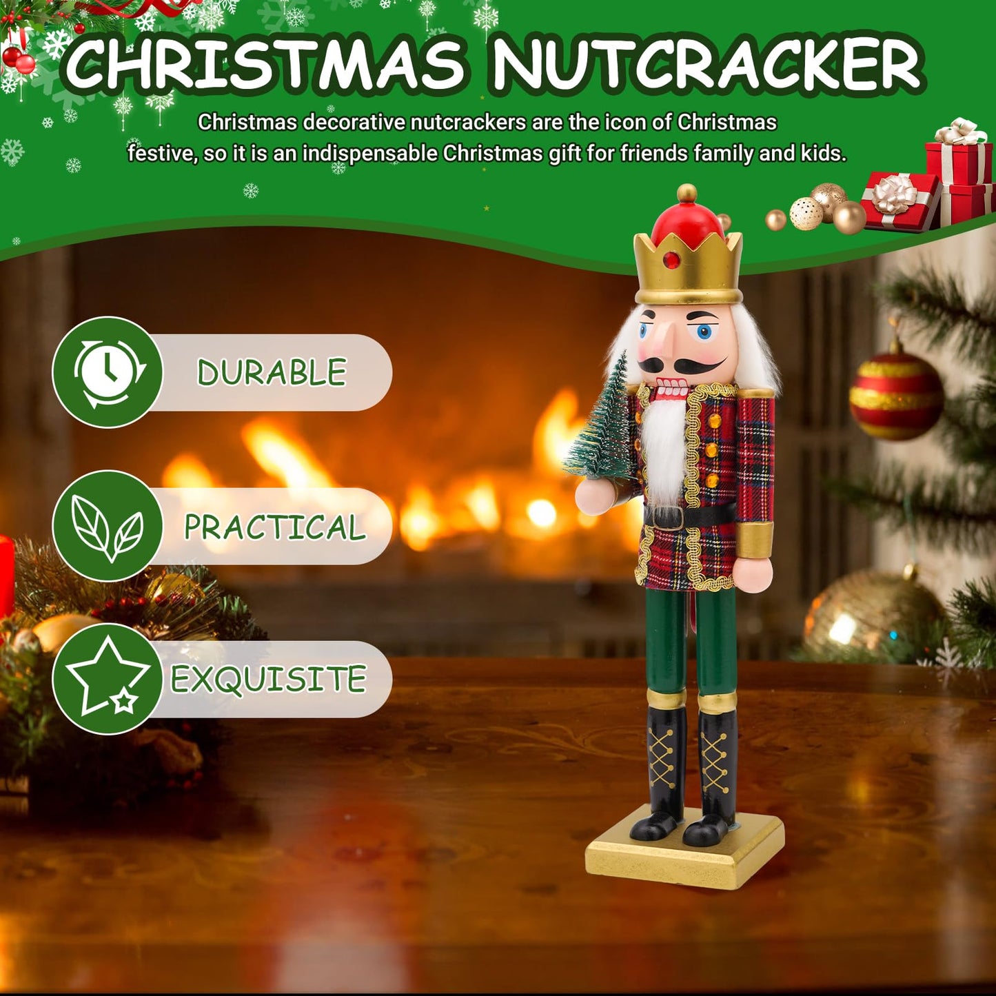 Tngan Nutcracker Christmas Decor, 14 inch Wooden Nutcrackers Figures, Handcrafted Collectible Christmas Nutcracker Decor for Tabletop, Shelves Ornaments(Christmas Tree)