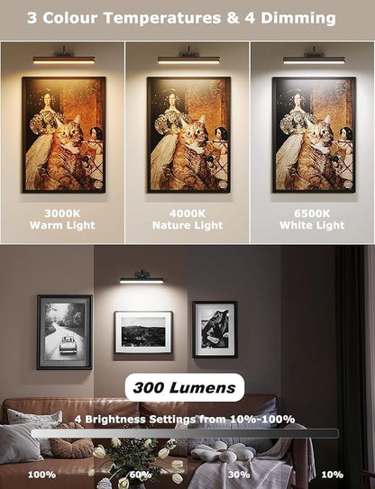 16in Wireless Picture Light with Remote, Battery Operated Picture Lights for Wall 5000mAh, 3 Color Modes and Dimmable LED Art Lighting with Timer for Painting, Frame, Gallery, Bedroom (Black-2Pack)