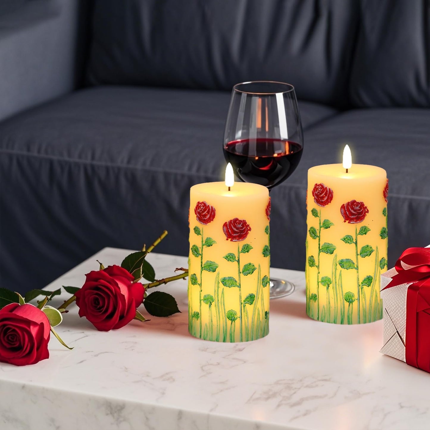 Kunswenn Flameless Candles with Embossed Rose, Battery Operated Pillar Candles with 6H Timer, Real Wax LED Flickering Candle with Flickering Flame for Wedding Holiday Decorations(Set Of 2, D3”x H6.5”)