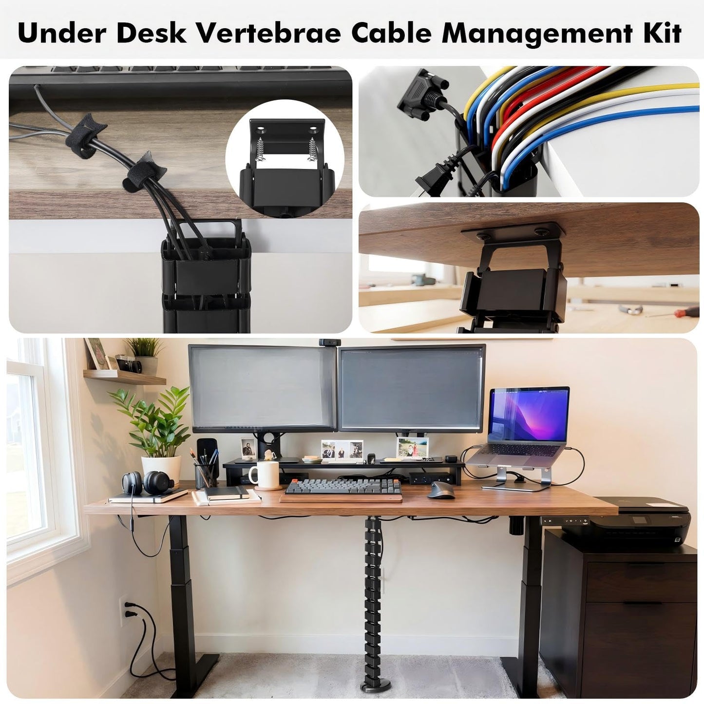 Yaomiao 4 Pack Under Desk Vertebrae Cable Management Kit Standing Desk 48'' Adjustable Quad Entry Flexible Cord Organizer with Ties, Stick-on Clips Cable Management Set for Home User Office Worker