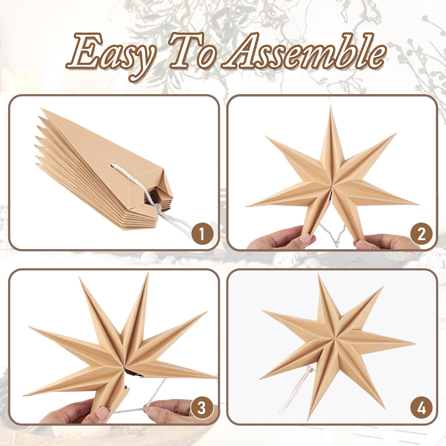 Christmas 3PCS 12inch 7-Pointed Wood Brown Paper Star Hanging Decoration Set Holiday Decor Stars Shape Landerne for Birthday Party Tree Xmas Home Decor