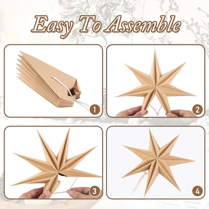 Christmas 3PCS 12inch 7-Pointed Wood Brown Paper Star Hanging Decoration Set Holiday Decor Stars Shape Landerne for Birthday Party Tree Xmas Home Decor