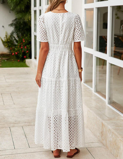 ZESICA Women's 2025 Summer Short Sleeve Maxi Dress Casual V Neck Hollow Out Eyelet Ruffle Swing A Line Long Dresses,White,Small