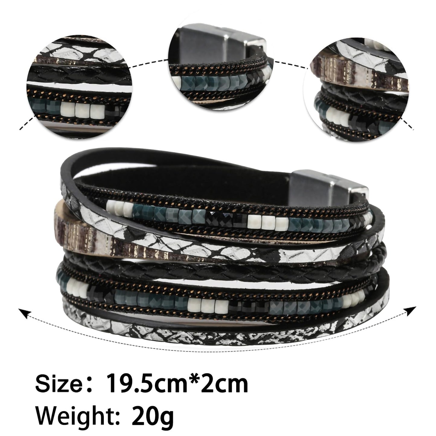 Fesciory Leather Wrap Bracelets for Women, Boho Leopard Multi-Layer Crystal Beads Cuff Bracelet Jewelry (Boho Braid(Black))