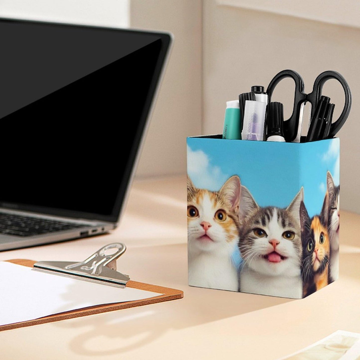UTRSIFB Holder Cup Makeup Brush Storage Organizer, Waterproof Multifunctional Office Supplies, Pen Holder Square Leather Pencil Cute Cats