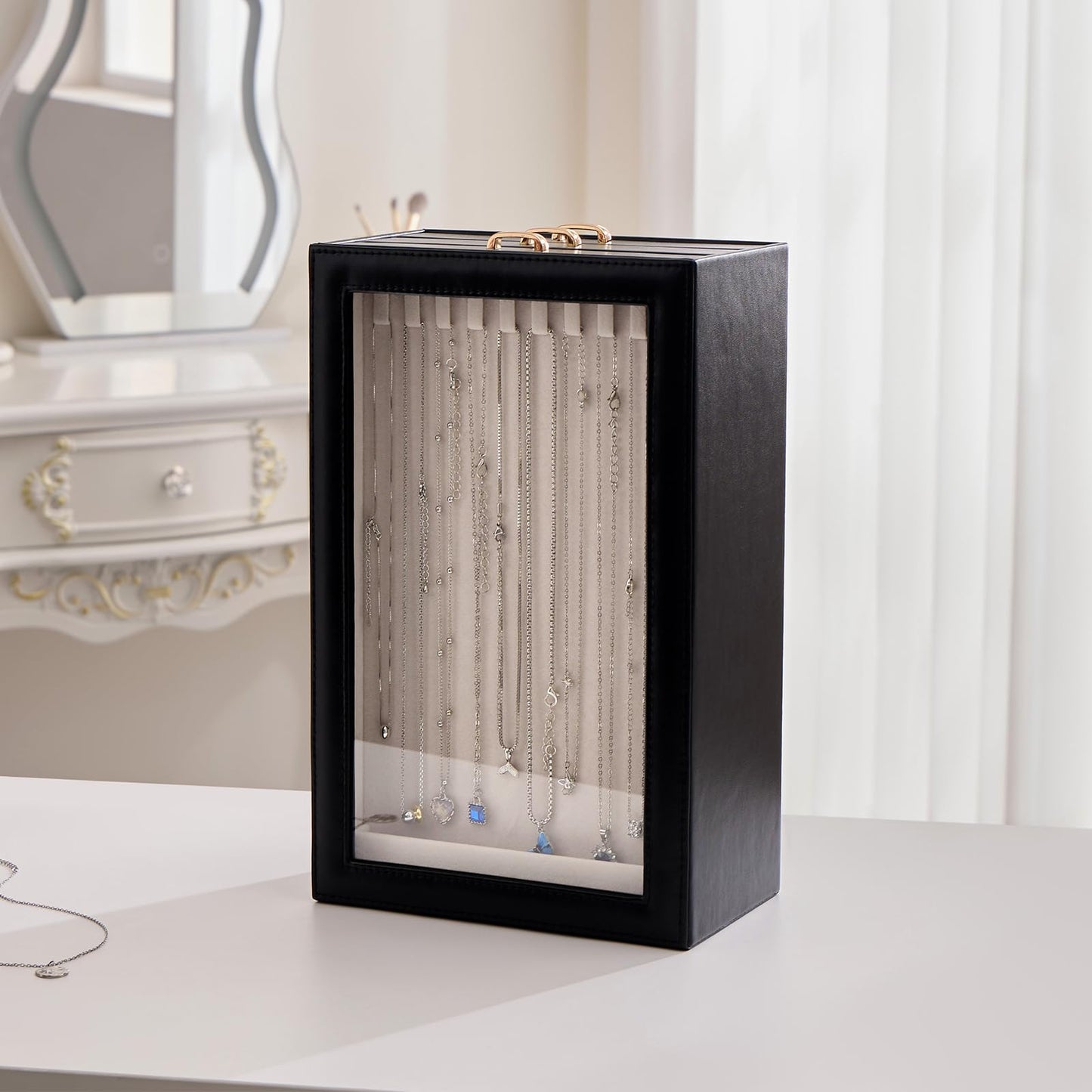 Lolalet Necklace Organizer Box, Jewelry Storage Box with Clear Window for Necklaces Bracelets, Tangle-Free Necklace Display Case for Women Girls, Black, 3 Layers 30 Hooks