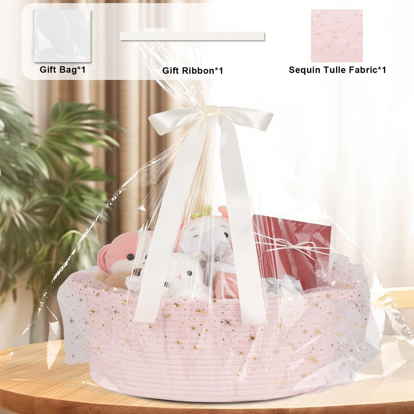 OIAHOMY Large Gift Basket Empty 17" x 12.6" x 7", Storage Basket with Gift Bag, Ribbon and Glitter Tulle for DIY Anytime, Toy Storage for Kids, Dogs with Handles in A Stylish Design - Pink