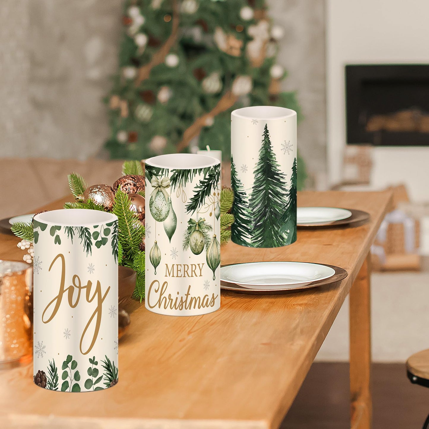 Retisee 3 Pcs Green Christmas Flameless Candles Pine Christmas Battery Operated LED Candles with Remote Green Xmas Decorations Centerpiece for Holiday Bedroom Living Room Xmas Home Decor