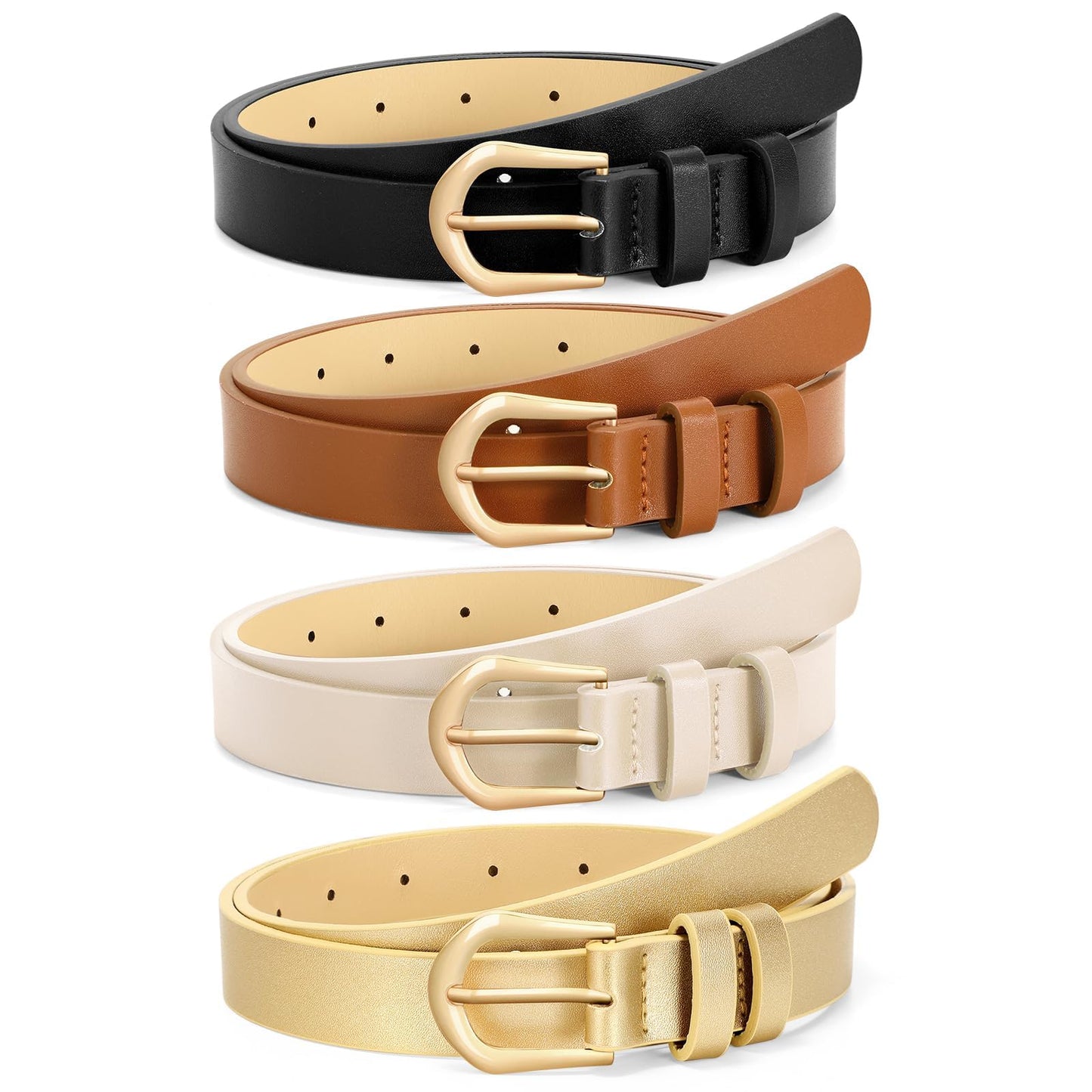 VONMELLI 4 Pack Womens Thin Leather Belt Skinny Waist Belts for Women Fashion Jeans Dress with Gold Buckle, Black Brown Beige Gold, XS