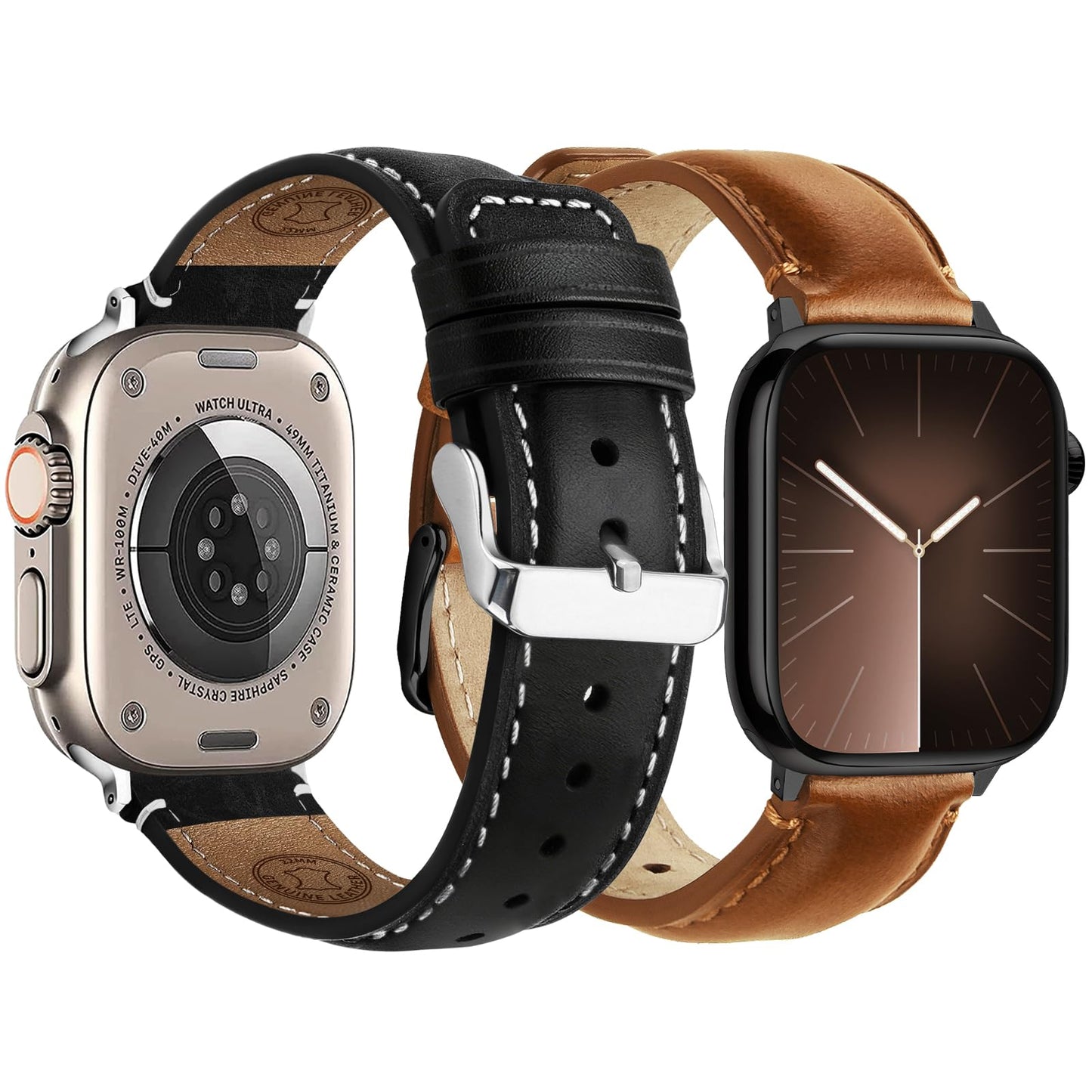 Fullmosa Leather Band Compatible with Apple Watch Bands 49mm 46mm 45mm 44mm 42mm,Top Grain Leather iWatch Straps for Apple Watch Ultra SE Series 11 10 9 8 7 6 5 4 3 2 1,Brown+Black/Black+Silver