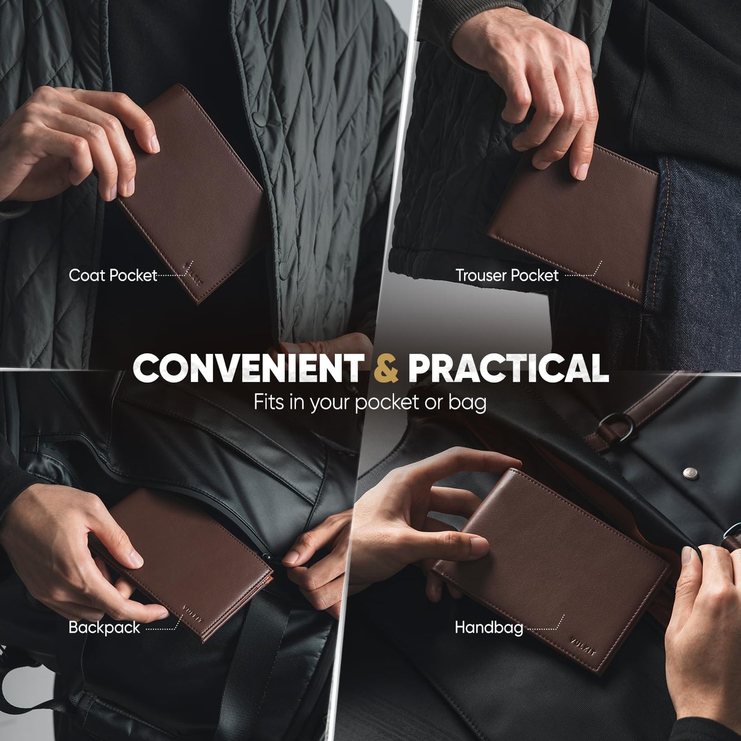 VULKIT Bilfold Passport Holder Leather RFID Blocking Passport Wallet with Hidden Pocket Slim Travel Documents Organizer for Men or Women (Passport, Card, Cash, Coin, SIM Card, Ticket)