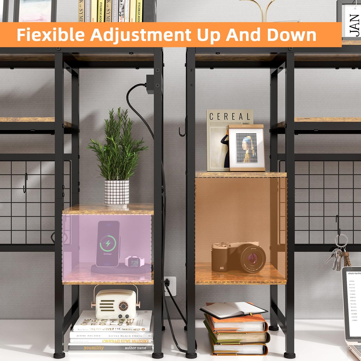 STEHEMO Desk Shelf for Top of Desk, 41.3" Desktop Organizer Shelf with Grid Panel & LED Lights, Desk Hutch for Computer Monitor, Wood Desktop Bookshelf for Home Office Dorm, with Power Outlets