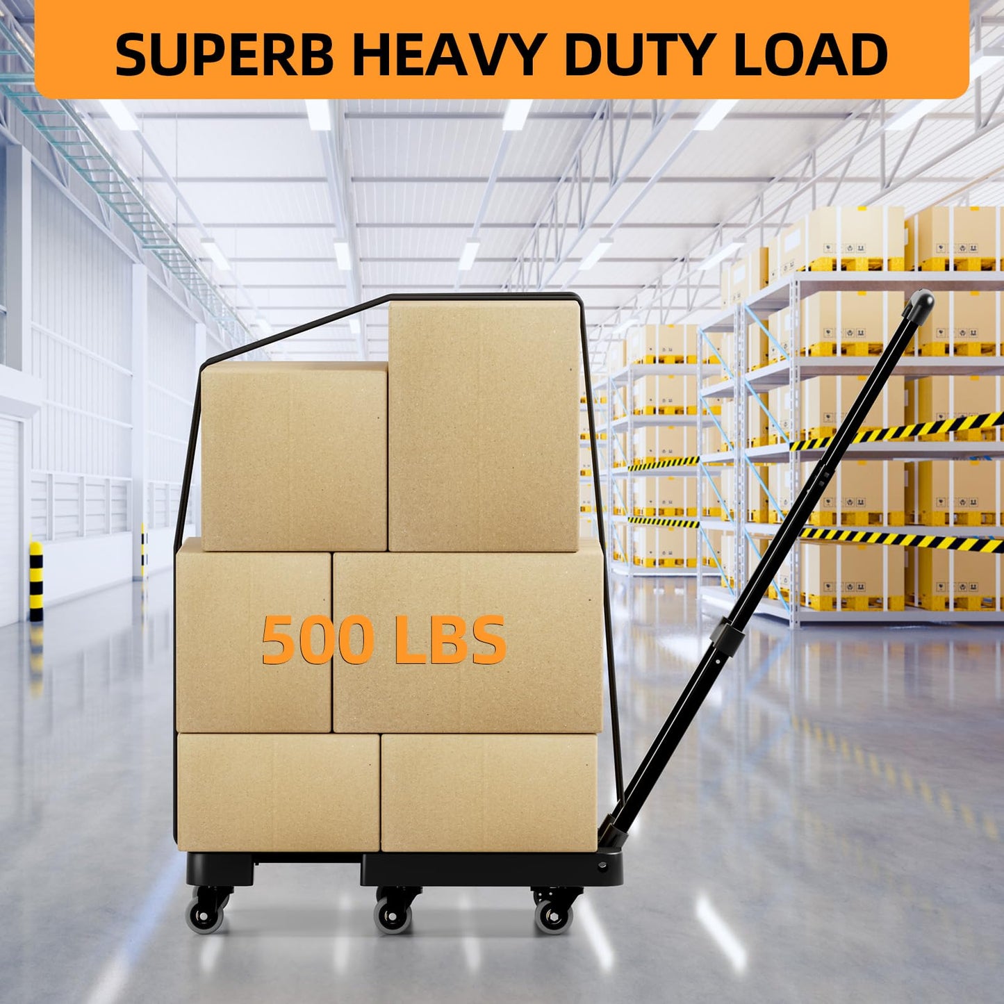 Folding Hand Trucks, Heavy Duty Dolly Cart with 6 Wheels & 2 Elastic Ropes, Foldable & Ideal for Luggage, Travel, Moving, Shopping, Office Use, Hold Up to 500 LB, Easy to Store, Black
