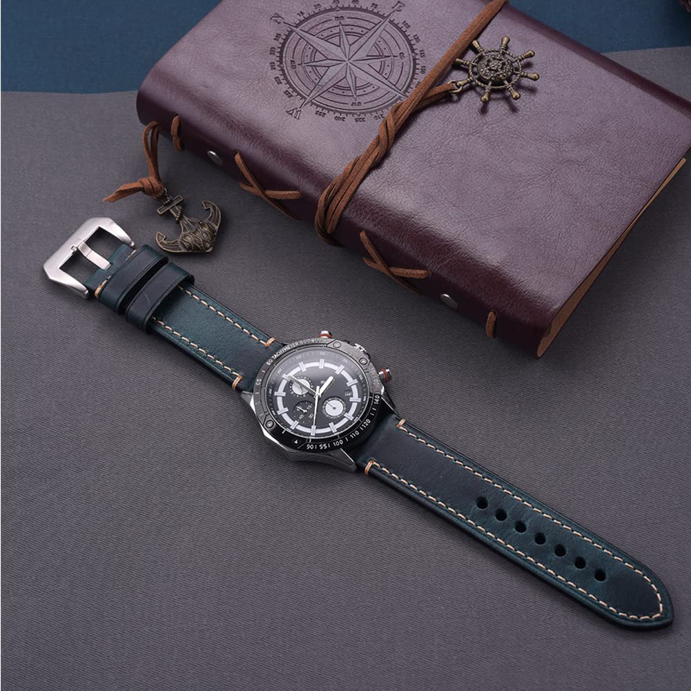 EACHE 26mm Leather Watch Bands Thick Imported Oil Waxed Leather Watch Straps Blue With Silver Buckle