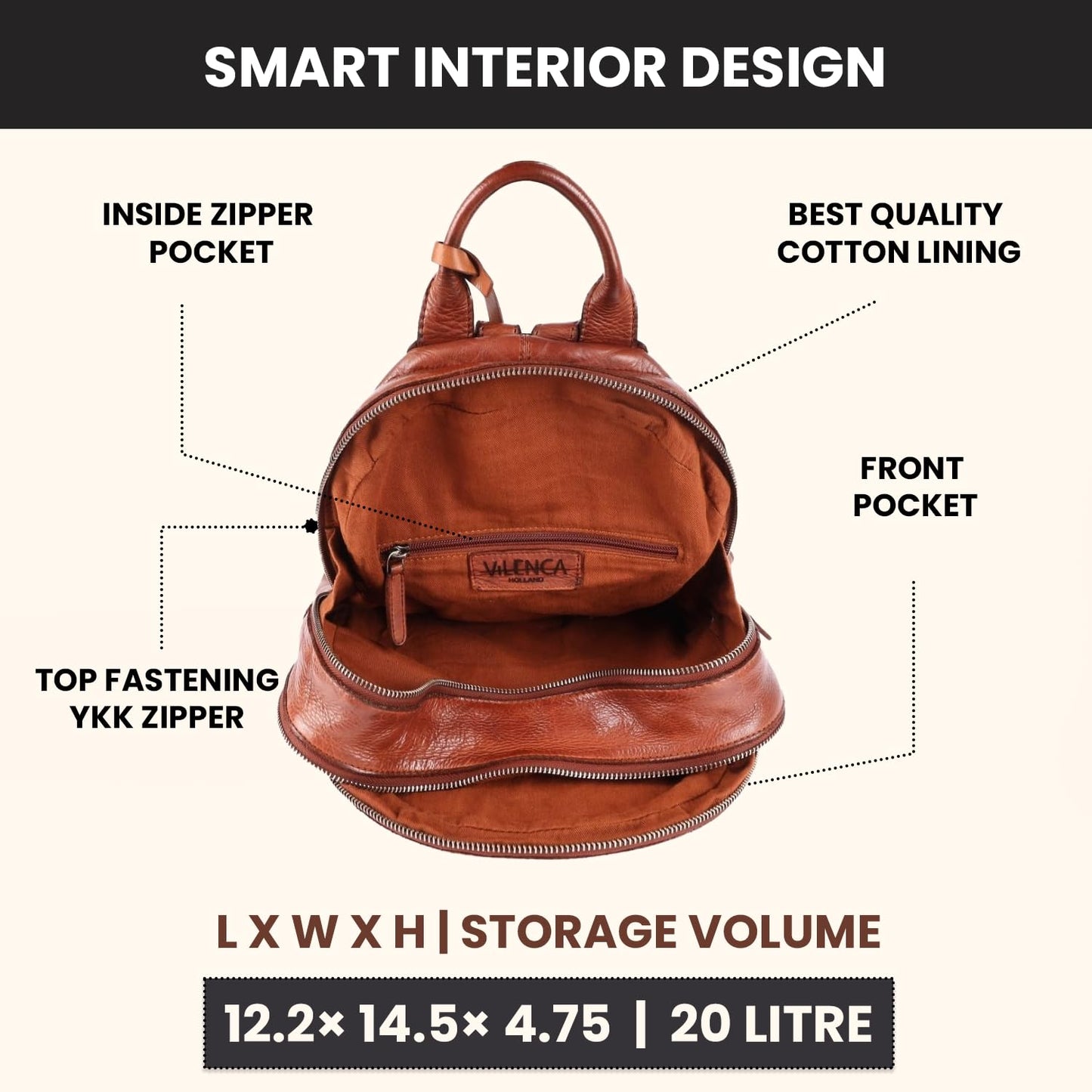 VILENCA HOLLAND Genuine Leather Backpack for Men, Casual Backpack for Women Office Bag with Adjustable Shoulder Strap (VL-054-COGNAC)