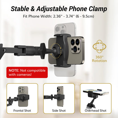 TONOR Overhead Ring Light Kit, 10" Ringlight with Heayy Duty Boom Arm and Phone Holder, Adjustable Angle, Suitable for Video Recording, Live Stream, Drawing, Makeup Nail