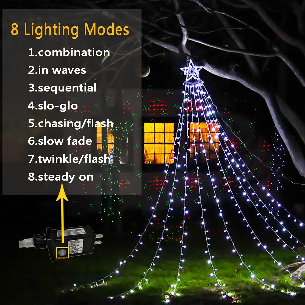Aokudoni Christmas Decorations Outside, 12.6FT 350 LED 8 Modes Star Christmas Lights Outdoor for House Yard Porch Holiday Decoration, Cool White