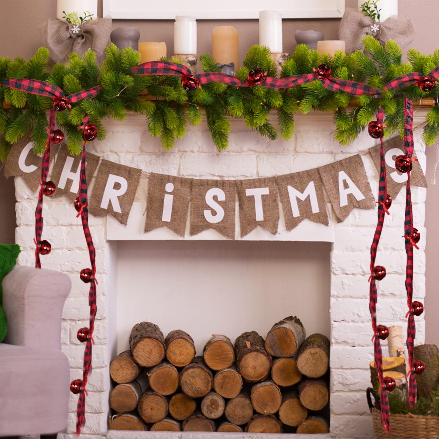 Jishi Rustic Buffalo Plaid Ribbon Garland - 6 Yards with Jingle Bell & Metal Sleigh Bell Ornaments