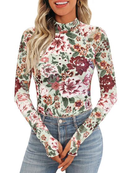 Dealmore Lace Sheer Long Sleeve Floral Mesh Mockneck Trendy Cute Going Out Tops for Women Fall Fashion Outfits 2025 Clothes