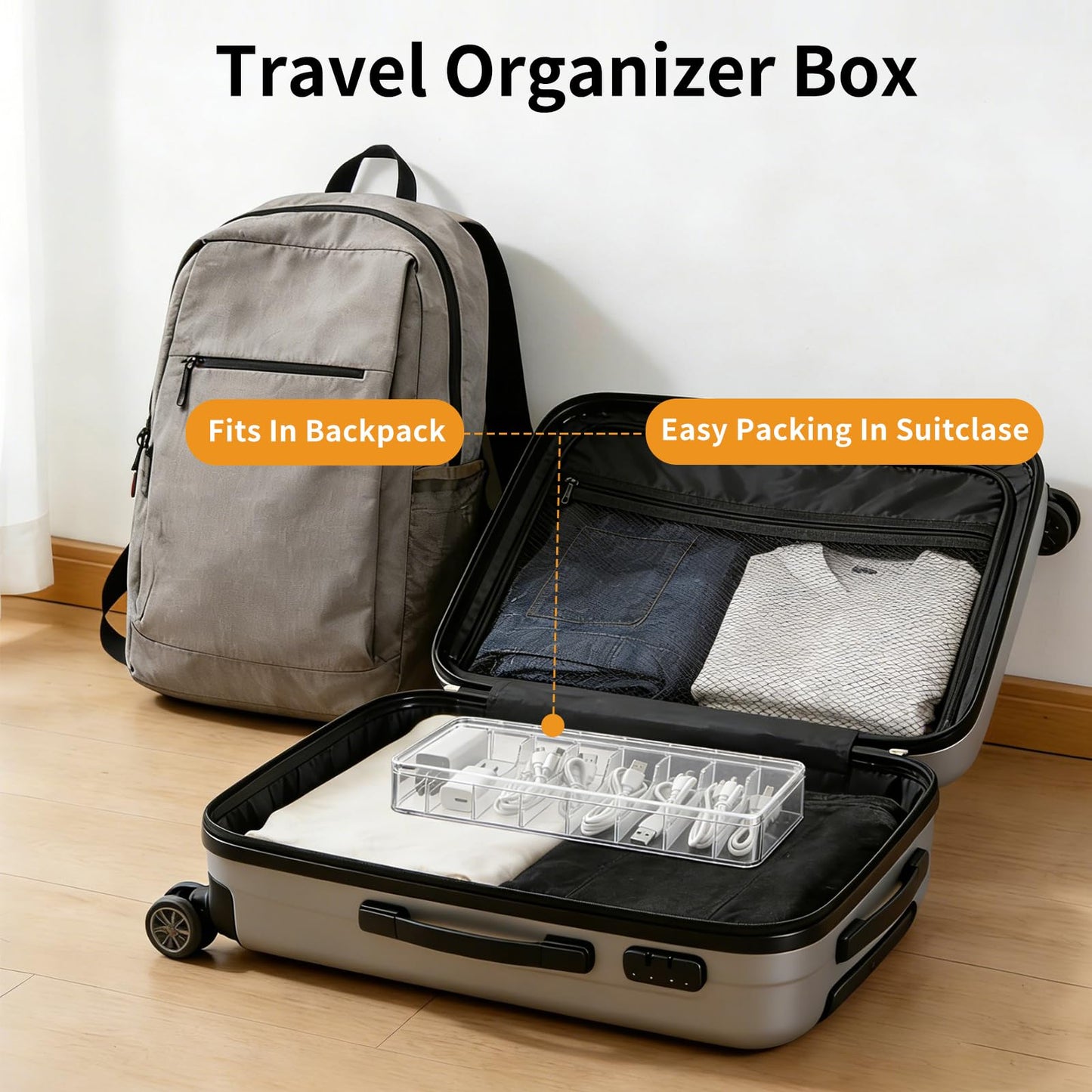 2 Pack Cable Organizer Box with Lid - Stackable Charger Cord Storage Organizer with 20 Wire Ties - Adjustable Compartments Phone Cables Wire Management Box for Drawer Desk Office Home Accessories