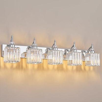 Crystal Vanity Lights Chrome 5 Light Bathroom Light Fixtures Over Mirror Modern Vanity Light for Bathroom