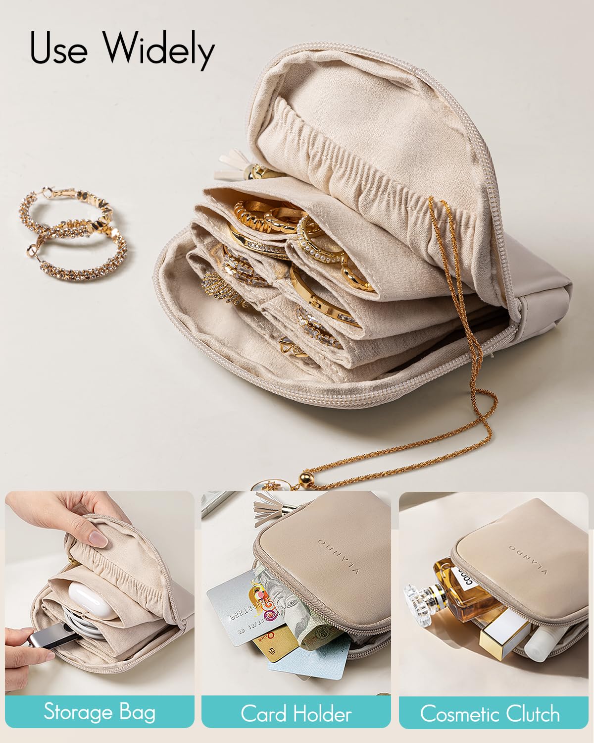 VLANDO Small Jewelry Travel Case,Gifts for Women,Jewelry Pouch Bags with Zipper,Velvet Jewelry Organizer Storage Bag for Bracelet Rings Earring-Toffee