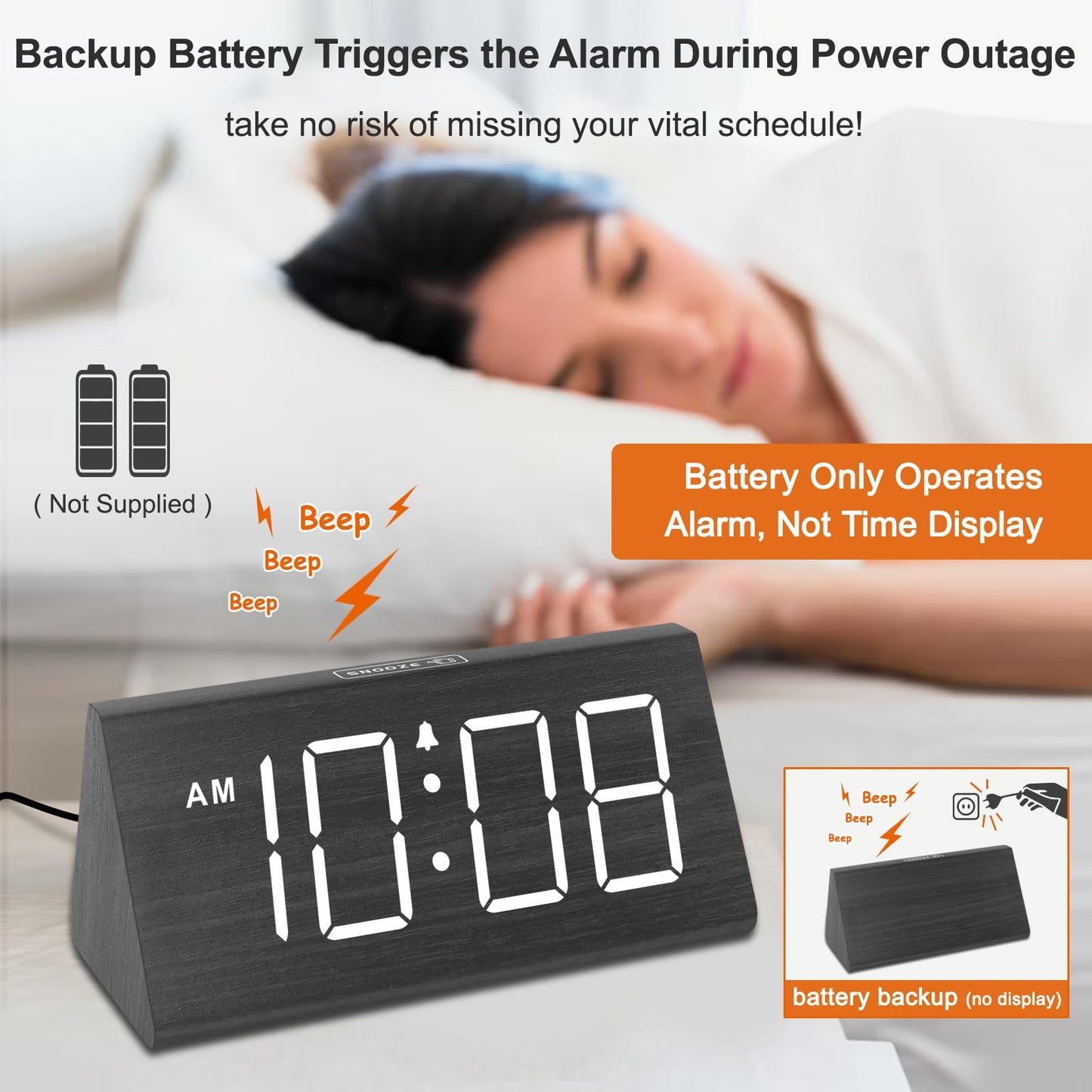 DreamSky Wooden Digital Alarm Clocks for Bedrooms - Electric Desk Clock with Large Numbers, USB Port, Loud Alarm for Heavy Sleepers, Adjustable Volume, Dimmer, DST, Wood Décor Gifts, Adapter Powered