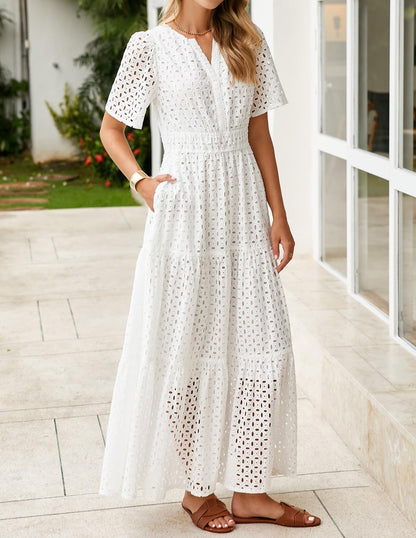 ZESICA Women's 2025 Summer Short Sleeve Maxi Dress Casual V Neck Hollow Out Eyelet Ruffle Swing A Line Long Dresses,White,Small