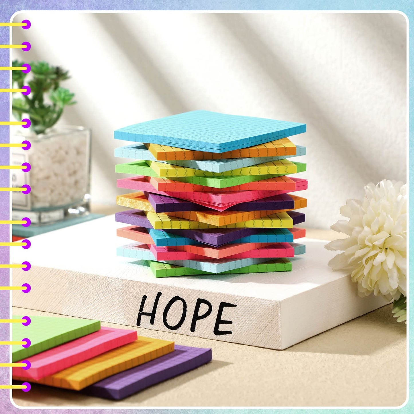 Geosar 24 Pack Lined Grid Sticky Notes 3 x 3 Inch Note Colorful Self Stick Notes Power Memo Pads Strong Adhesive Self Stick Note for Gifts School Office Supplies 8 Colors(Bright Color)
