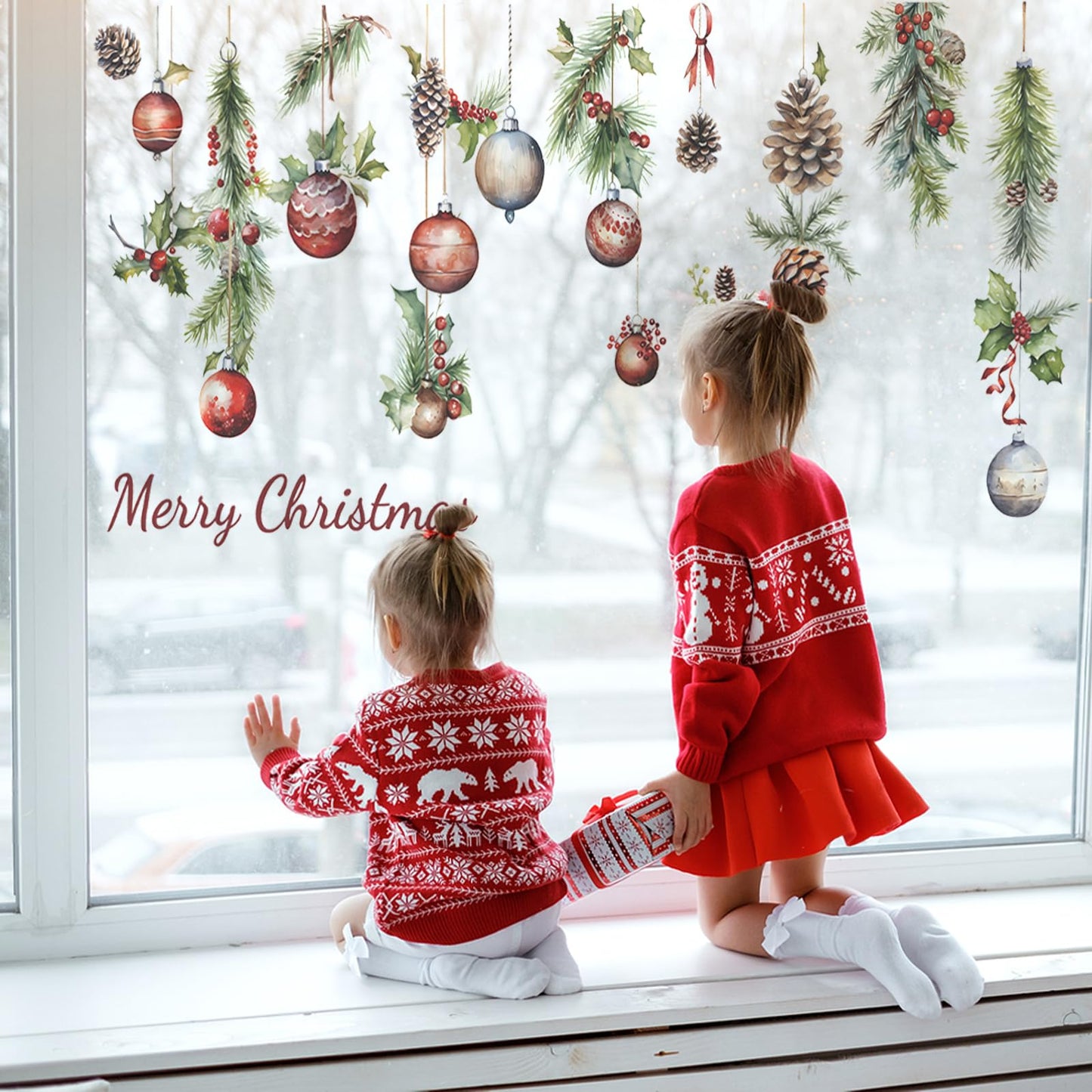 MeyRolizn Merry Christmas Light Ball Pinecone Wall Decals, Peel and Stick Christmas Window Clings, Decorations Wall Stickers for Room Kitchen Bathroom Party Holiday Decoration (Red)