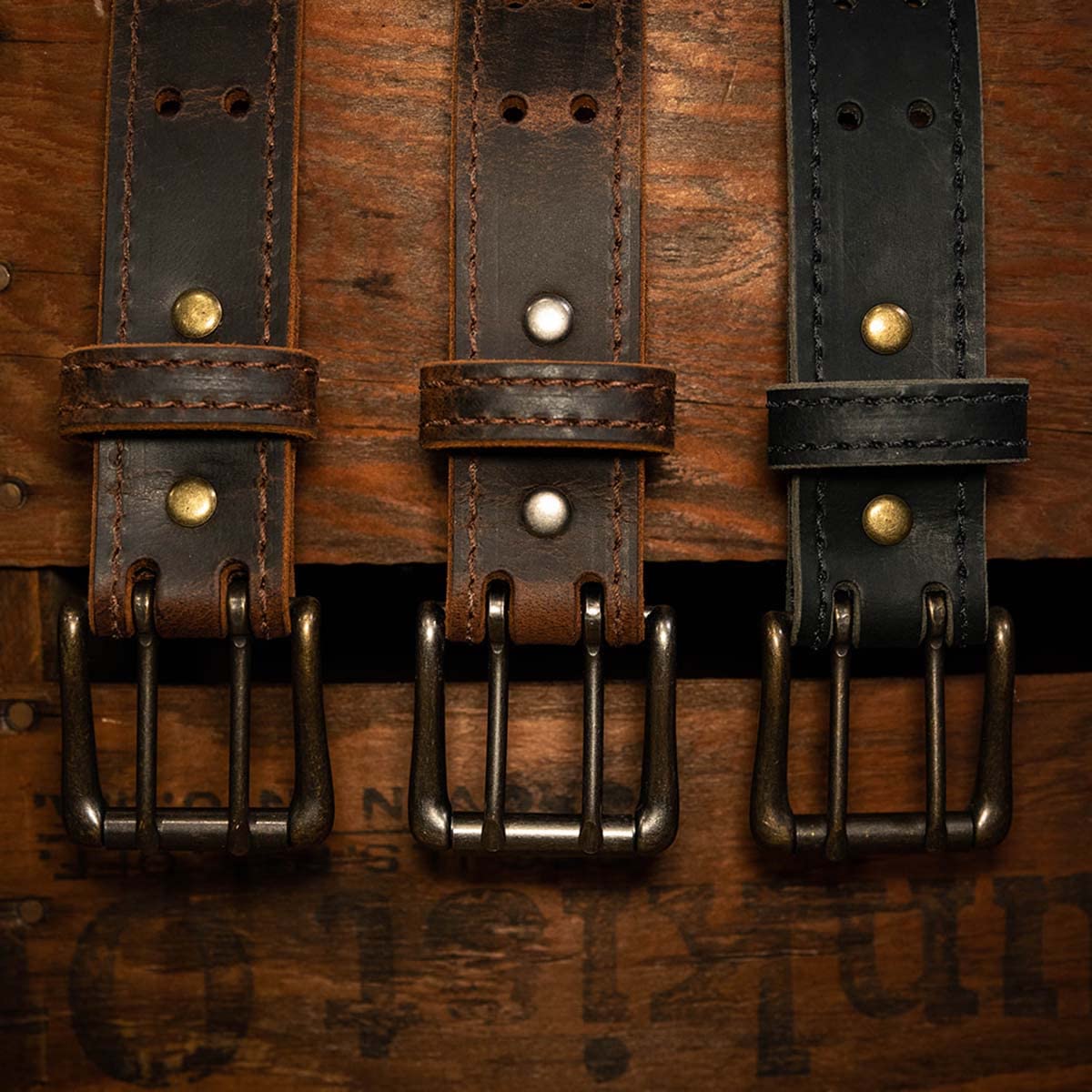 Men’s Classic Leather Belt, Double Prong Retro Style, Antique Brass Buckle, 1 ½” Width, Amish handmade in the USA (Black, 38")