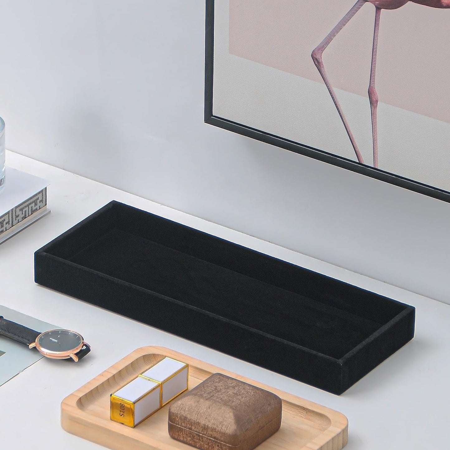 2Pcs Desk Drawer Storage Tray, Nightstand Organizer Tray, Necklace Bracelet Ring Earring Jewelry Display Tray, Grid Table Organizer Holder Tray for Sunglass, Phone, Watch, Perfume (1 grid)/Black