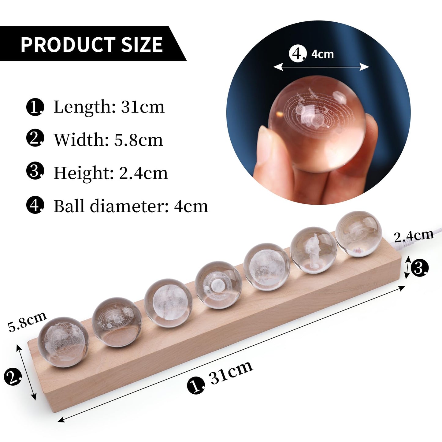 Aoyosic 7 Pcs Planet Crystal Ball Night Light Lamp with LED Wooden Base, 3D Galaxy Moon Saturn Crystal Ball Nightlight for Meditation Positive Energy Decoration for Home for Birthday Christmas Gifts