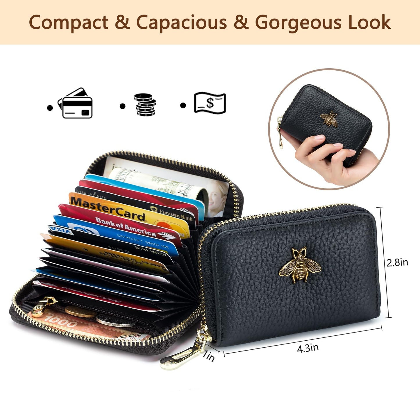 imeetu RFID Credit Card Holder, Small Leather Zipper Card Case Wallet for Women (Lite,Coral Pink)
