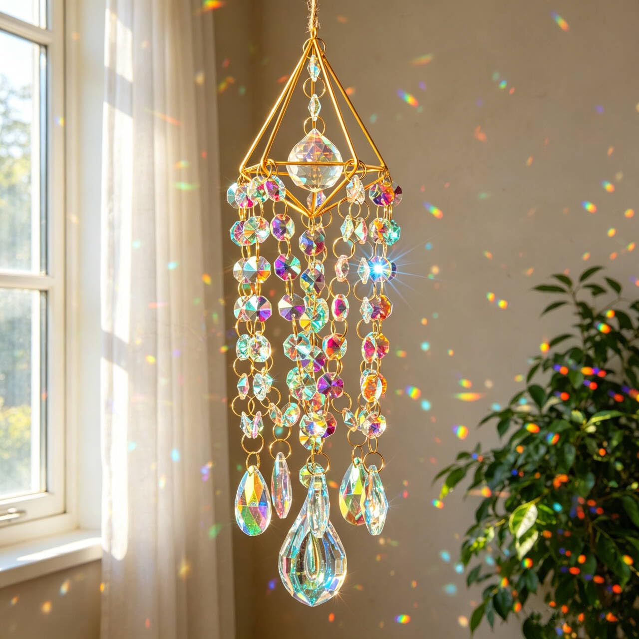 HDCRYSTALGIFTS Crystal Suncatchers for Window Hanging Glass Wind Chime Style Garden Sun Catchers with Crystals Prisms Rainbow Maker Indoor Outdoor Decor Handmade Gold Plated