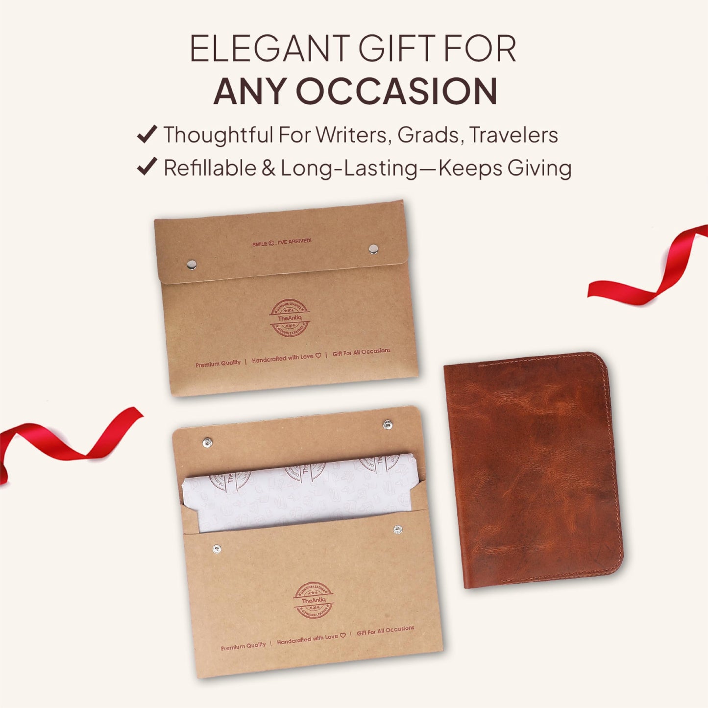 TheAntiq Genuine Leather A5 Journal Cover Refillable Notebook Cover, Fits 5.75 x 8.25 in, Card Slots Pocket & Pen Holder, Handmade Professional Leather Organizer for Men & Women, Travel & Work Diary Cover (Tan)