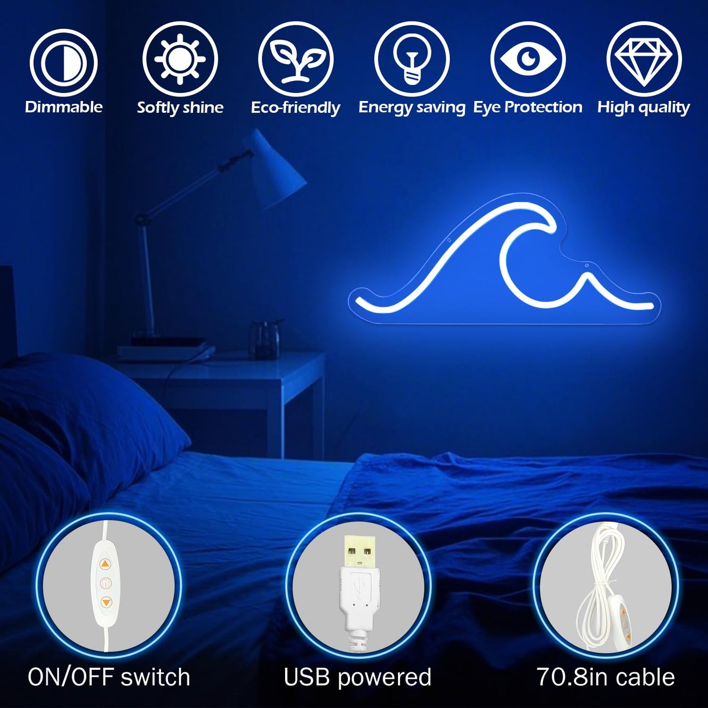 Ajoyferris Wave Neon Sign For Wall Decor Dimmable Led Neon Wave Sign Night Lights Led Wave Sign Ocean Neon Sign for Living Room Bedroom Office Bar Birthday Party Christmas Gift(16.5x7inch,Blue)